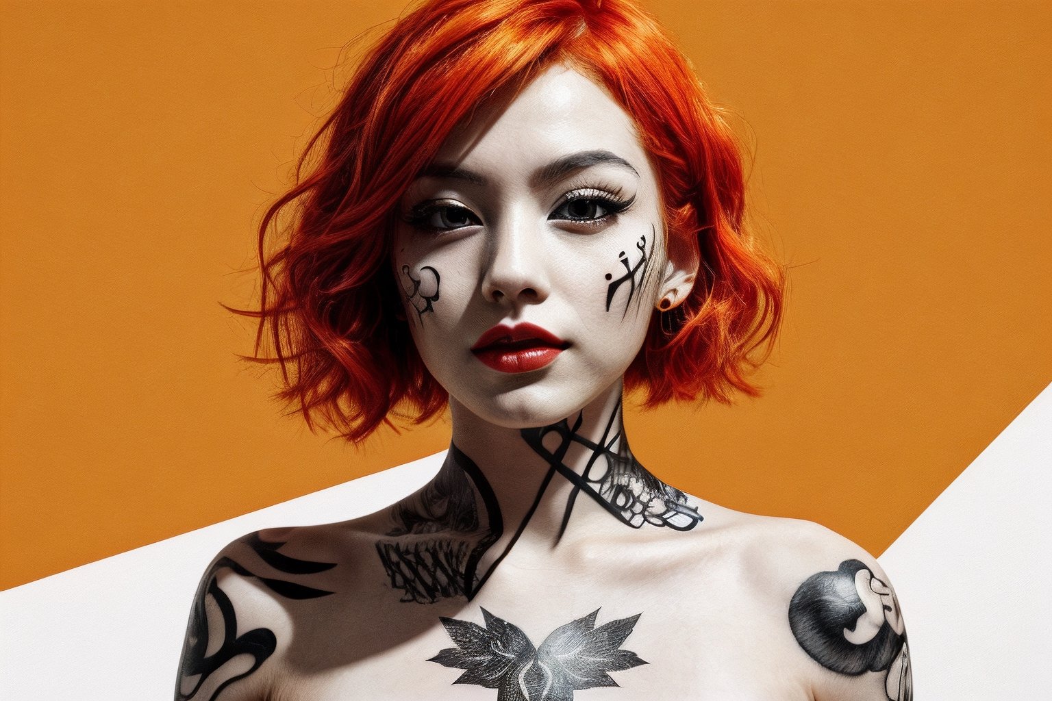 aesthetic,  2 tone,  black and white,  simplified shapes,  style mix of photography and digital art,  color pop theme,  a cute girl,  orange-hair,  light_eyes,  tattoos,  highly detailed,  ultra detailed,  very intricate,  low poly,  abstract surreal,  Kanji,  Katakana,  artstation,  graffiti style,  comics style, Epicrealism