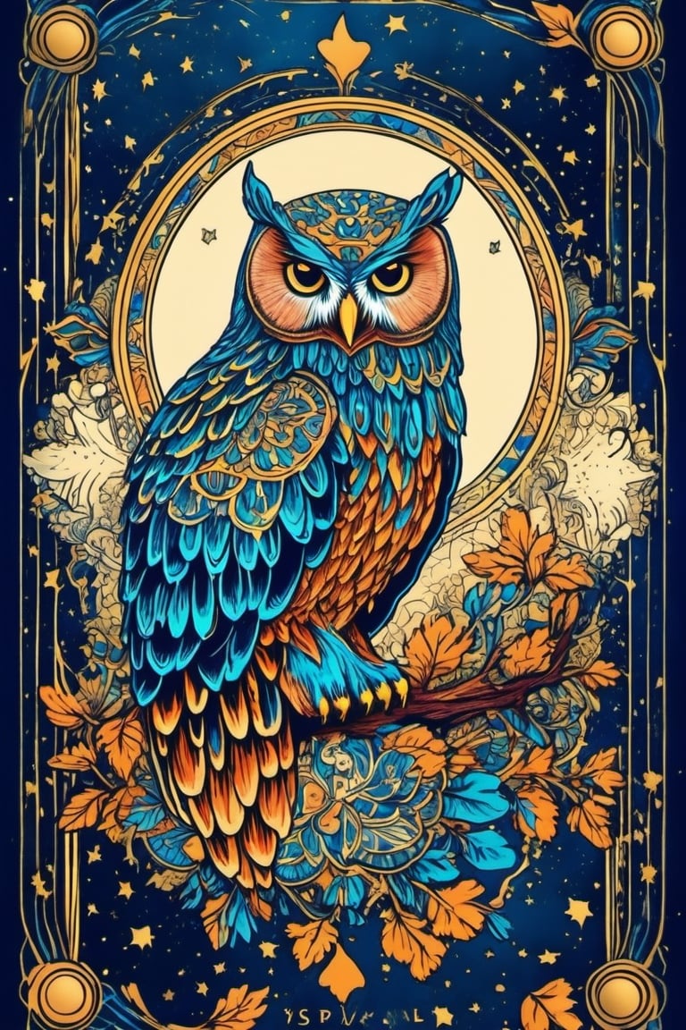 Tarot Card Style,  (epic owl in the space,  beautiful, magic aura,  artistic) card,  masterpiece,  best quality,  cempoalxochitl,  flat color,  lineart,  abstract,  ornate,  dark theme,  (tarot),  aw0k straightsylum,  (frame), aw0k straightsylum, 