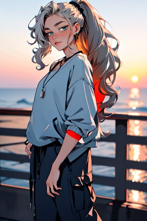 French girl,grey blonde hair(very long hair, curly_hair),long ponytail,hiphop dancer,wearing all black clothes (loose fit top and wide cargo pants),sneakers,accessories(necklace,ear_rings), standing in the sea,horizon,seaside,vivid sea color,red lighthouse,sunset,Best Quality, 32k, photorealistic, ultra-detailed, finely detailed, high resolution, perfect dynamic composition, beautiful detailed eyes, sharp-focus, cowboy_shot, 