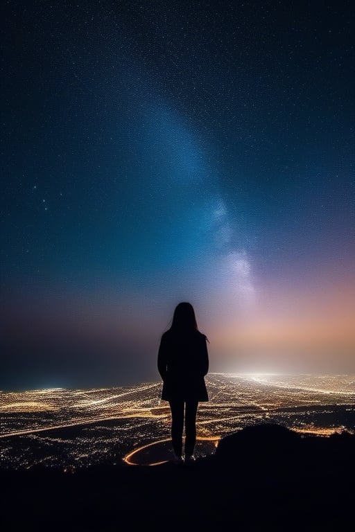 A beautiful starry night sky with a girl standing with her back turned, admiring the celestial display. The image should be a photograph capturing the breathtaking beauty of the night sky. The stars should be shining brightly, and constellations should be visible. The girl should be silhouetted against the night sky, with her posture conveying awe and wonder. The background should be a natural outdoor setting, enhancing the sense of immersion. The camera shot should be a medium shot, framing both the girl and the expansive night sky. The lens used should be a wide-angle lens to capture the vastness of the cosmos. The image should have high resolution, showcasing the fine details of the stars. Lighting should be natural, with the stars providing gentle illumination. The final result should be a realistic portrayal of a girl admiring the starry night sky, evoking a sense of wonder and tranquility.