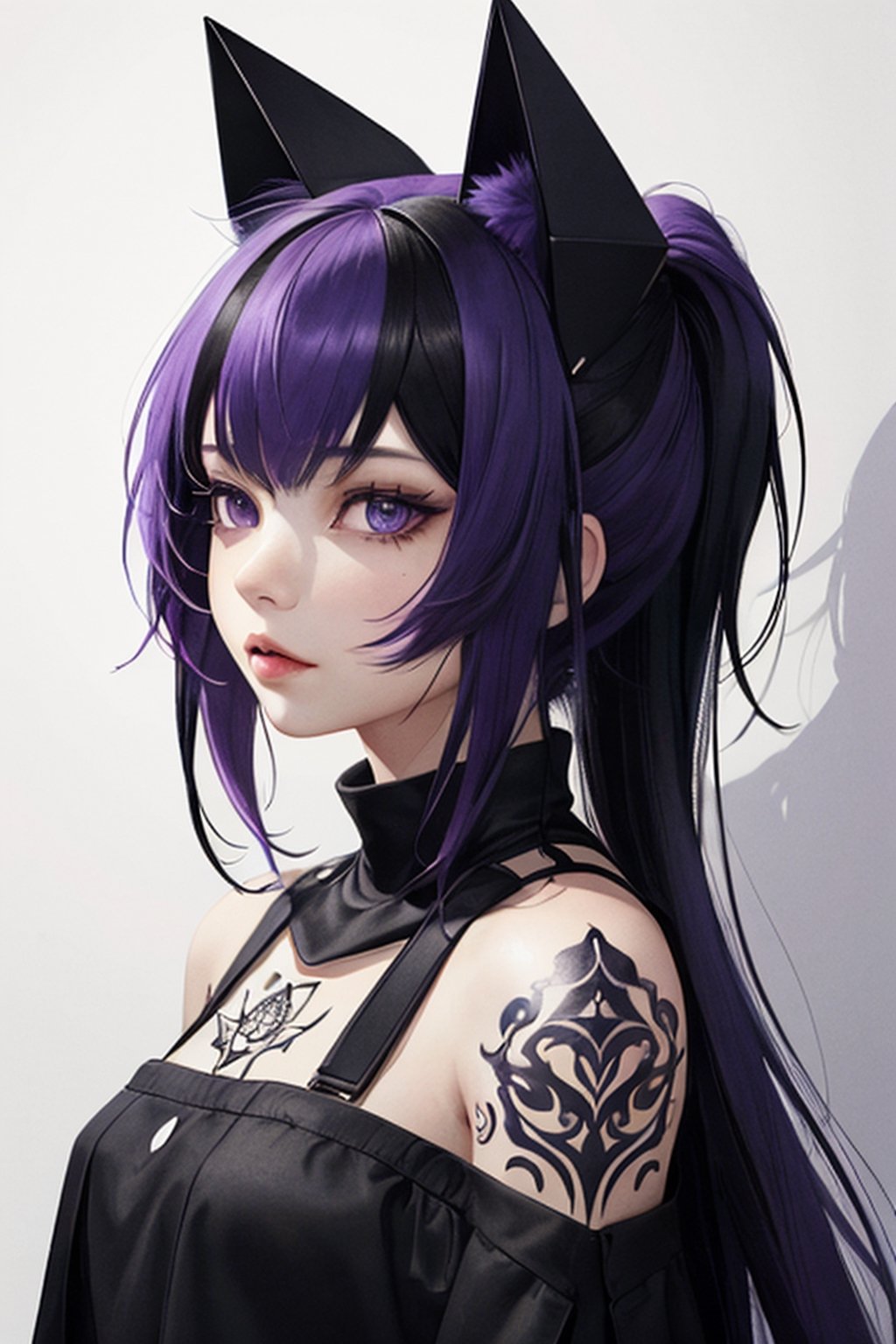 aesthetic,  2 tone,  black and white,  simplified shapes,  style mix of photography and digital art,  color pop theme,  a cute girl,  purple-hair,  violet_eyes,  tattoos,  highly detailed,  ultra detailed,  very intricate,  low poly,  abstract surreal,  Kanji,  Katakana,  artstation,  graffiti style,  comics style,  anime style