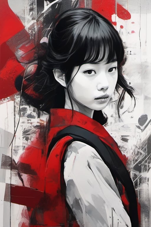 aesthetic, 2 tone, black and white, simplified shapes, figurative, style mix of acrylic painting, watercolor, oil painting, photography, digital art,   brush strokes, dark red color pop, a gorgeous young asian girl, highly detailed , ultra detailed, very intricate, low poly, abstract surreal, Kanji , Katakana ,  niji style, graffiti style,  comics style, anime style 