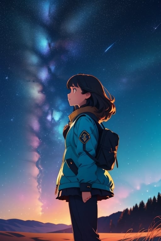 A beautiful starry night sky with a girl standing with her back turned, admiring the celestial display. The image should be a photograph capturing the breathtaking beauty of the night sky. The stars should be shining brightly, and constellations should be visible. The girl should be silhouetted against the night sky, with her posture conveying awe and wonder. The background should be a natural outdoor setting, enhancing the sense of immersion. The camera shot should be a medium shot, framing both the girl and the expansive night sky. The lens used should be a wide-angle lens to capture the vastness of the cosmos. The image should have high resolution, showcasing the fine details of the stars. Lighting should be natural, with the stars providing gentle illumination. The final result should be a realistic portrayal of a girl admiring the starry night sky, evoking a sense of wonder and tranquility.