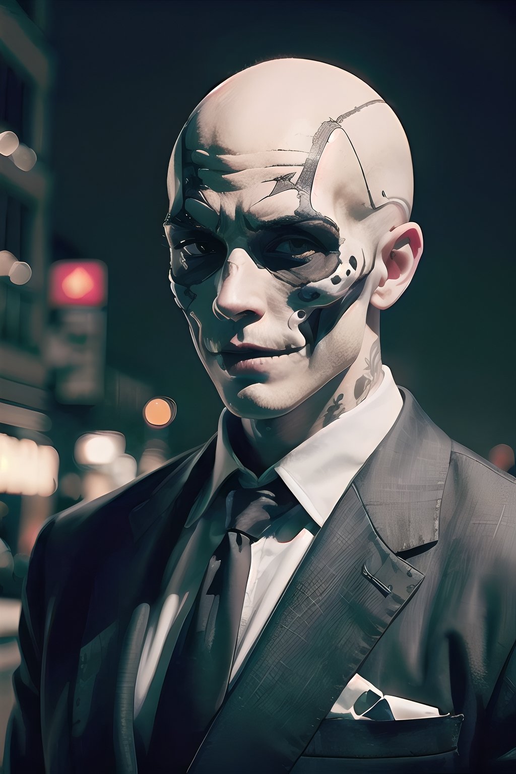 high detail, colorful, sugar skull man, white thin bald man, hitman style, night atmosphere at Halloween