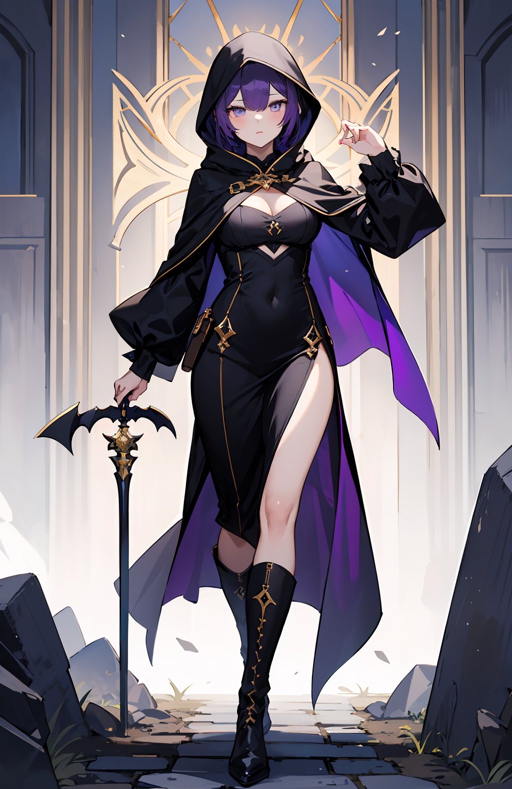 absurdres, (full-body), highres, ultra detailed, (1girl:1.3), close-up,BREAK, murderess dress, purple shadow aura, huntress dress, dark cape with hood and gold details, leather boots