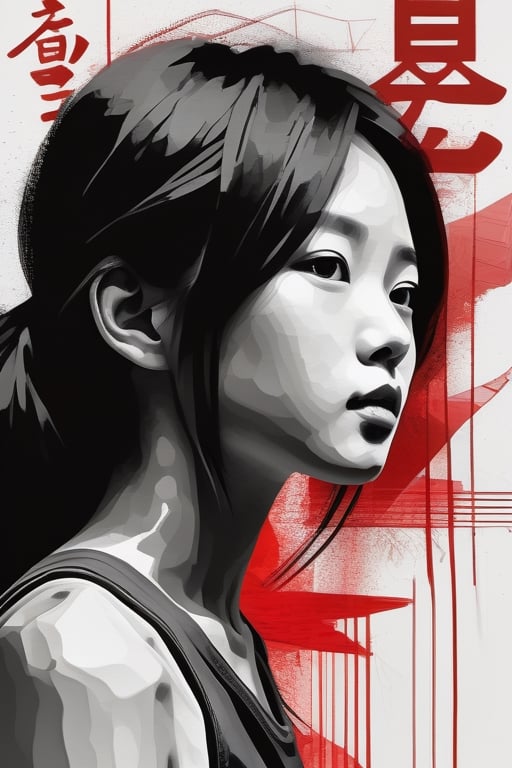 aesthetic, 2 tone, black and white, simplified shapes, figurative, style mix of acrylic painting, watercolor, oil painting, photography, digital art,   brush strokes, dark red color pop, a gorgeous young asian girl, highly detailed , ultra detailed, very intricate, low poly, abstract surreal, Kanji , Katakana ,  niji style, graffiti style,  comics style, anime style 