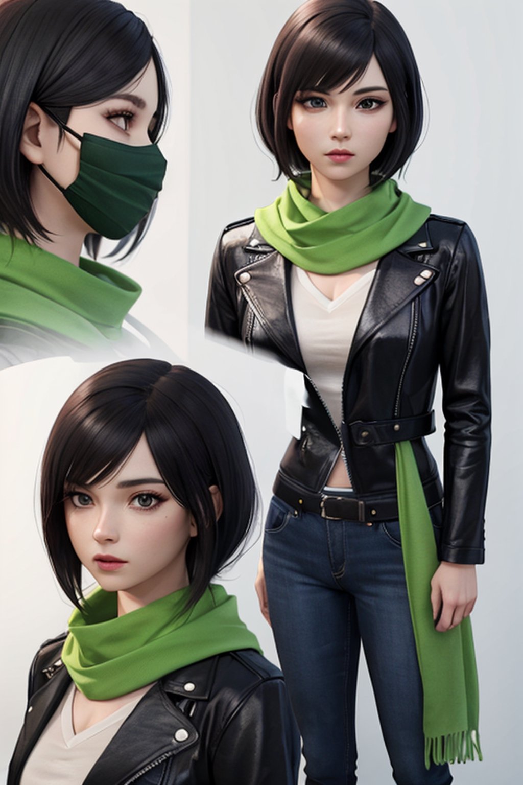 perfect face, perfect facial features, a serious-looking lady with black hair, dark jacket and green scarf, cloth face mask, anime 3d, unreal engine, style expressive