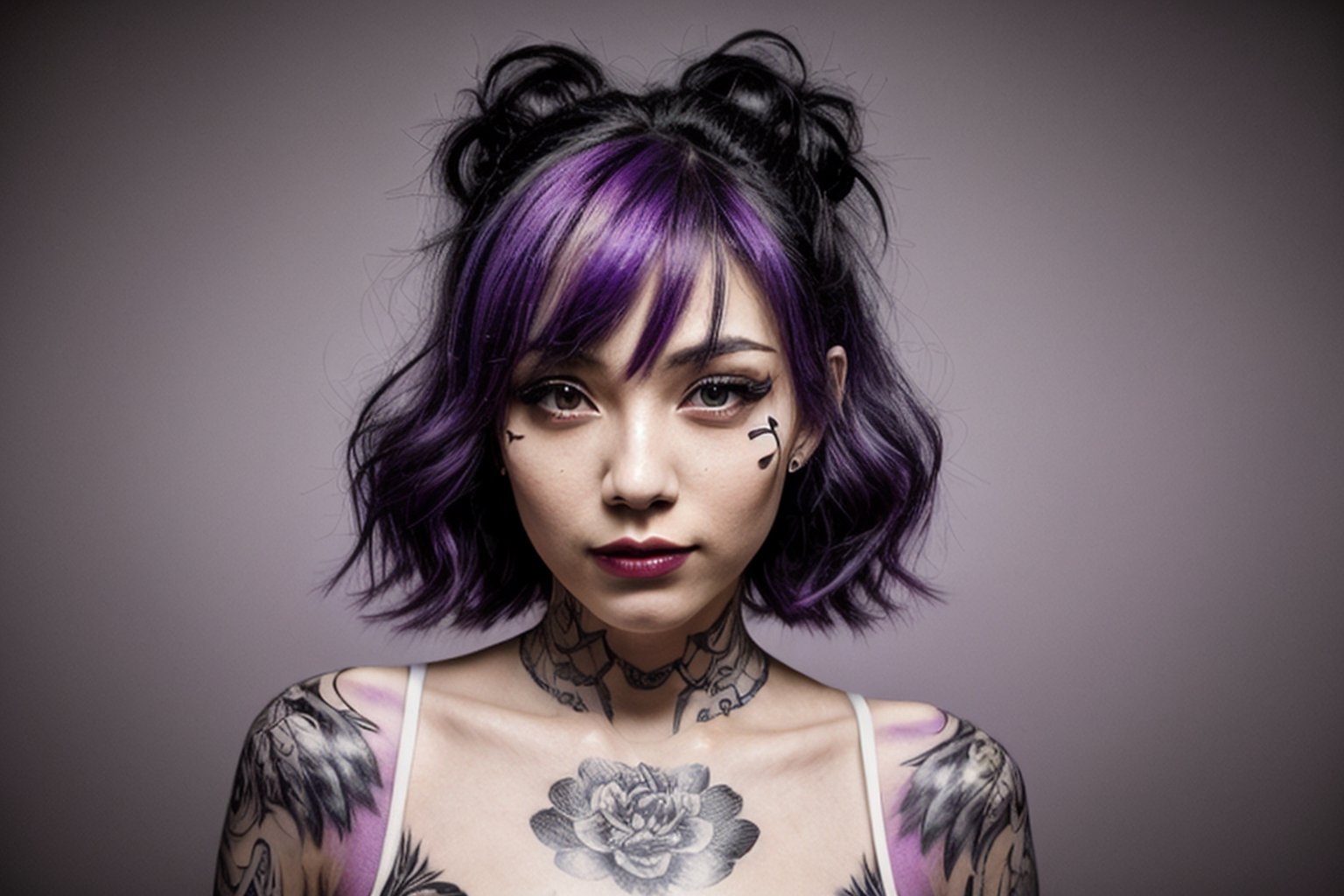 aesthetic,  2 tone,  black and white,  simplified shapes,  style mix of photography and digital art,  color pop theme,  a cute girl,  purple-hair,  violet_eyes,  tattoos,  highly detailed,  ultra detailed,  very intricate,  low poly,  abstract surreal,  Kanji,  Katakana,  artstation,  graffiti style,  comics style, Epicrealism