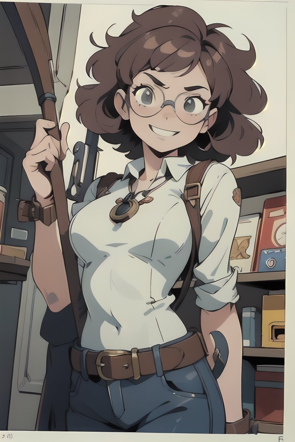 masterpiece, highly detailed character design, comic book style, perfectly centered, steampunk female engineer with goggles pushed up onto a messy mop of curly hair, Highly detailed body, Perfect arms, Tools dangle from belts, a trusty wrench is clutched in one hand, a mischievous grin, maximum details, highly detailed, sharp focus, intricate details