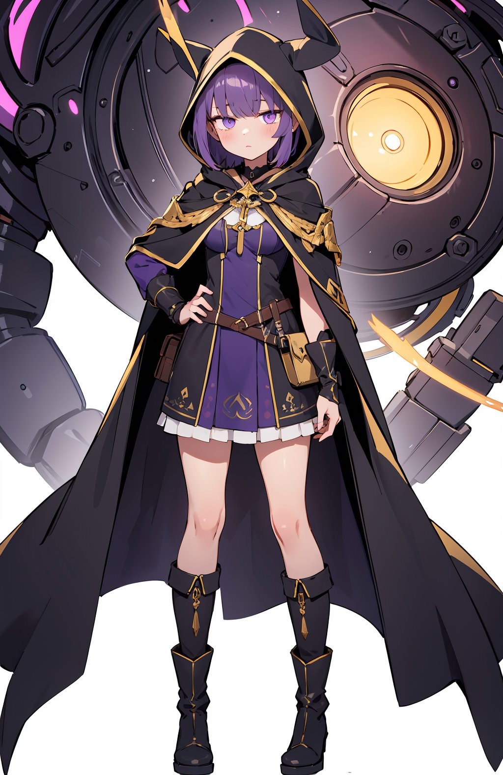 absurdres, (full-body), highres, ultra detailed, (1girl:1.3), close-up,BREAK, murderess dress, purple shadow aura, huntress dress, dark cape with hood and gold details, leather boots