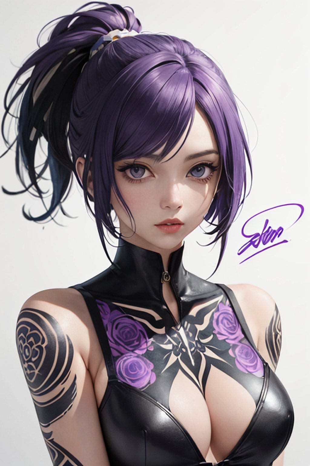 aesthetic,  2 tone,  black and white,  simplified shapes,  style mix of photography and digital art,  color pop theme,  a cute girl,  purple-hair,  violet_eyes,  tattoos,  highly detailed,  ultra detailed,  very intricate,  low poly,  abstract surreal,  Kanji,  Katakana,  artstation,  graffiti style,  comics style,  anime style