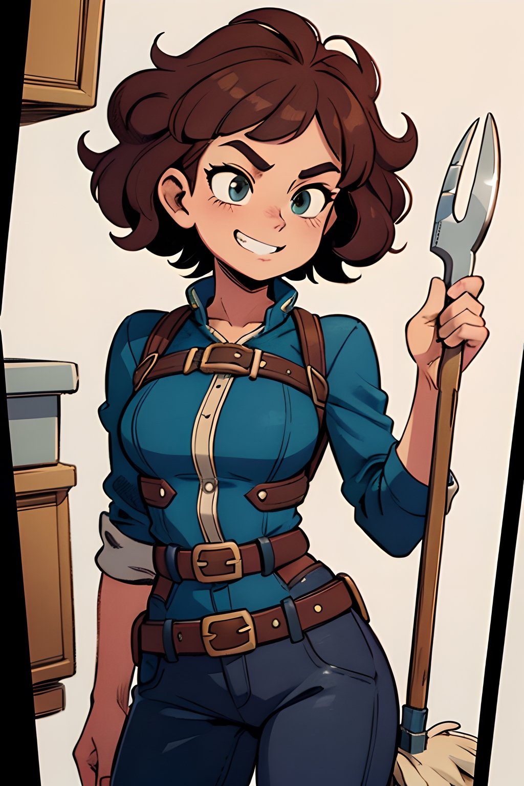 masterpiece, highly detailed character design, comic book style, perfectly centered, steampunk female engineer with goggles pushed up onto a messy mop of curly hair, Highly detailed body, Perfect arms, Tools dangle from belts, a trusty wrench is clutched in one hand, a mischievous grin, maximum details, highly detailed, sharp focus, intricate details