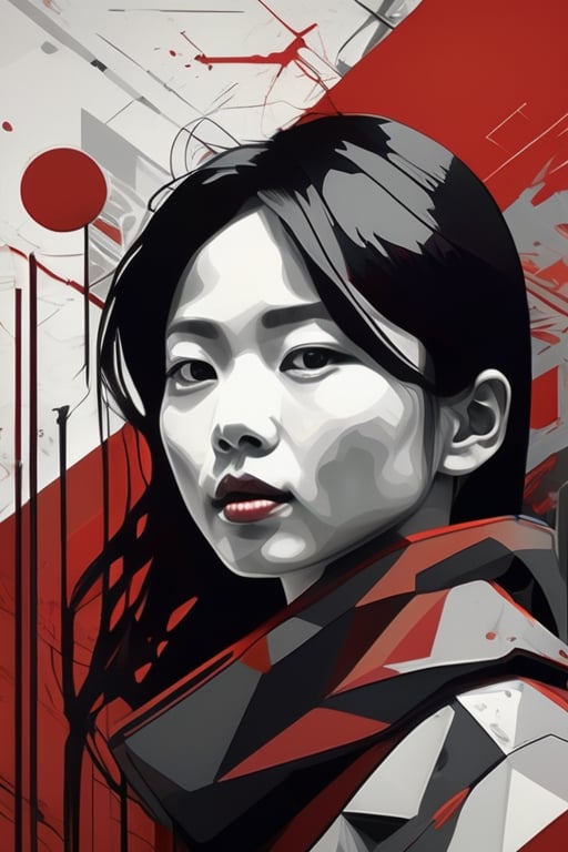 aesthetic, 2 tone, black and white, simplified shapes, figurative, style mix of acrylic painting, watercolor, oil painting, photography, digital art,   brush strokes, dark red color pop, a gorgeous young asian girl, highly detailed , ultra detailed, very intricate, low poly, abstract surreal, Kanji , Katakana ,  niji style, graffiti style,  comics style, anime style 