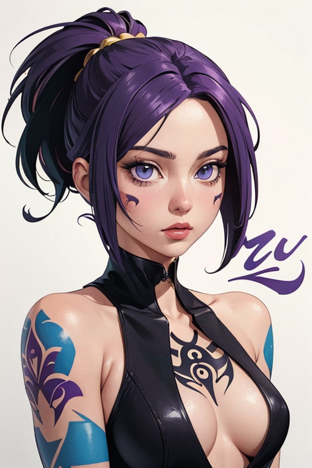 aesthetic,  2 tone,  black and white,  simplified shapes,  style mix of photography and digital art,  color pop theme,  a cute girl,  purple-hair,  violet_eyes,  tattoos,  highly detailed,  ultra detailed,  very intricate,  low poly,  abstract surreal,  Kanji,  Katakana,  artstation,  graffiti style,  comics style,  anime style