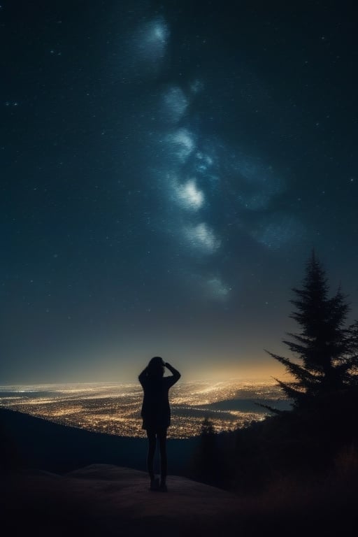 A beautiful starry night sky with a girl standing with her back turned, admiring the celestial display. The image should be a photograph capturing the breathtaking beauty of the night sky. The stars should be shining brightly, and constellations should be visible. The girl should be silhouetted against the night sky, with her posture conveying awe and wonder. The background should be a natural outdoor setting, enhancing the sense of immersion. The camera shot should be a medium shot, framing both the girl and the expansive night sky. The lens used should be a wide-angle lens to capture the vastness of the cosmos. The image should have high resolution, showcasing the fine details of the stars. Lighting should be natural, with the stars providing gentle illumination. The final result should be a realistic portrayal of a girl admiring the starry night sky, evoking a sense of wonder and tranquility.