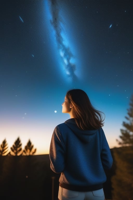 A beautiful starry night sky with a girl standing with her back turned, admiring the celestial display. The image should be a photograph capturing the breathtaking beauty of the night sky. The stars should be shining brightly, and constellations should be visible. The girl should be silhouetted against the night sky, with her posture conveying awe and wonder. The background should be a natural outdoor setting, enhancing the sense of immersion. The camera shot should be a medium shot, framing both the girl and the expansive night sky. The lens used should be a wide-angle lens to capture the vastness of the cosmos. The image should have high resolution, showcasing the fine details of the stars. Lighting should be natural, with the stars providing gentle illumination. The final result should be a realistic portrayal of a girl admiring the starry night sky, evoking a sense of wonder and tranquility.