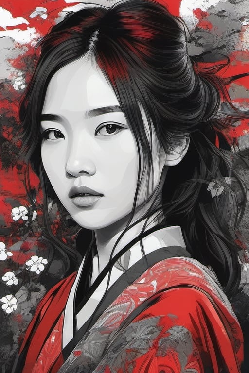 aesthetic, 2 tone, black and white, simplified shapes, figurative, style mix of acrylic painting, watercolor, oil painting, photography, digital art,   brush strokes, dark red color pop, a gorgeous young asian girl, highly detailed , ultra detailed, very intricate, low poly, abstract surreal, Kanji , Katakana ,  niji style, graffiti style,  comics style, anime style 