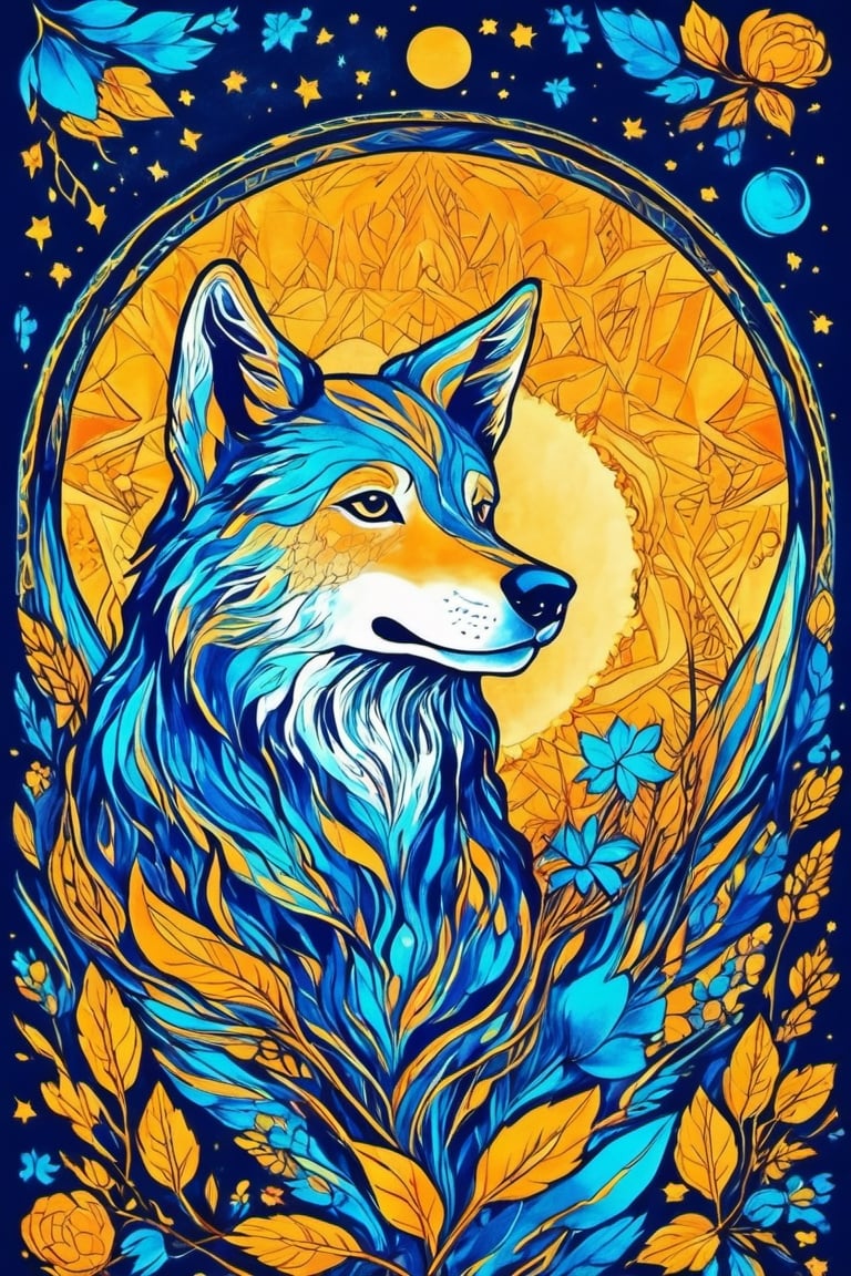 Tarot Card Style,  (epic wolf in the space,  beautiful, magic aura,  artistic) card,  masterpiece,  best quality,  cempoalxochitl,  flat color,  lineart,  abstract,  ornate,  dark theme,  (tarot),  aw0k straightsylum,  (frame), aw0k straightsylum, 