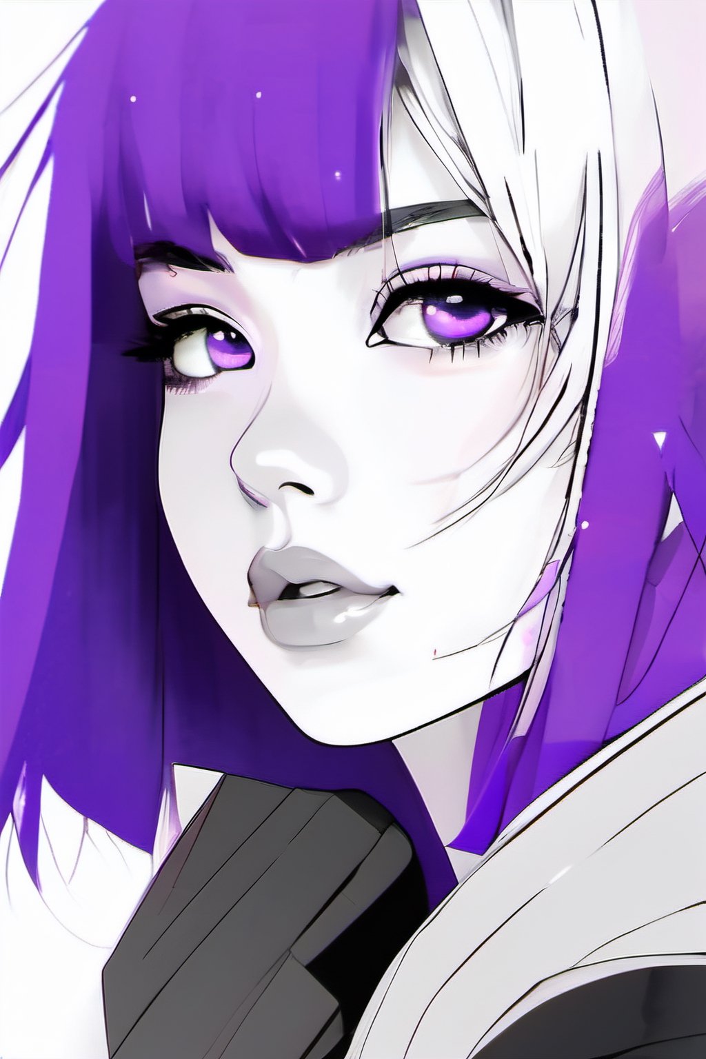 aesthetic,  2 tone,  black and white,  simplified shapes,  style mix of photography and digital art,  color pop theme,  a cute girl,  purple-hair,  violet_eyes,  tattoos,  highly detailed,  ultra detailed,  very intricate,  low poly,  abstract surreal,  Kanji,  Katakana,  artstation,  graffiti style,  comics style,  anime style