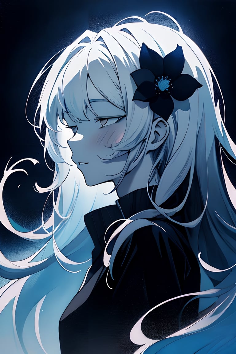 a beautiful girl with blue flowers on her face, in the style of monochromatic paintings, dark sky-blue and dark navy, dark sky-blue and dark white, multilayered realism, luminous shadowing, anime-inspired, elegant outlines