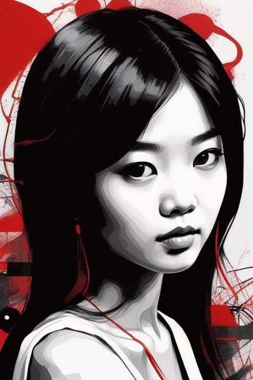 aesthetic, 2 tone, black and white, simplified shapes, figurative, style mix of acrylic painting, watercolor, oil painting, photography, digital art,   brush strokes, dark red color pop, a gorgeous young asian girl, highly detailed , ultra detailed, very intricate, low poly, abstract surreal, Kanji , Katakana ,  niji style, graffiti style,  comics style, anime style 