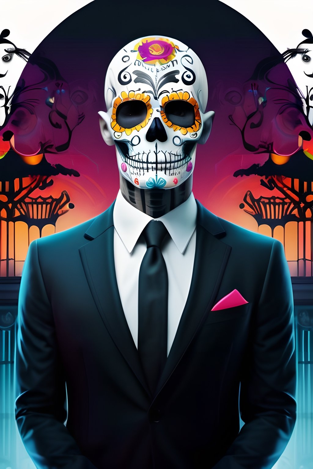 high detail, colorful, sugar skull man, white thin bald man, hitman style, night atmosphere at Halloween