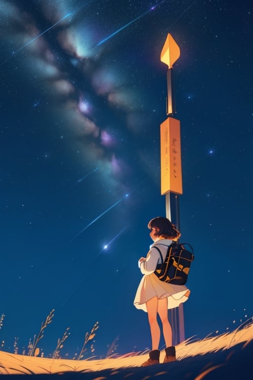 A beautiful starry night sky with a girl standing with her back turned, admiring the celestial display. The image should be a photograph capturing the breathtaking beauty of the night sky. The stars should be shining brightly, and constellations should be visible. The girl should be silhouetted against the night sky, with her posture conveying awe and wonder. The background should be a natural outdoor setting, enhancing the sense of immersion. The camera shot should be a medium shot, framing both the girl and the expansive night sky. The lens used should be a wide-angle lens to capture the vastness of the cosmos. The image should have high resolution, showcasing the fine details of the stars. Lighting should be natural, with the stars providing gentle illumination. The final result should be a realistic portrayal of a girl admiring the starry night sky, evoking a sense of wonder and tranquility.