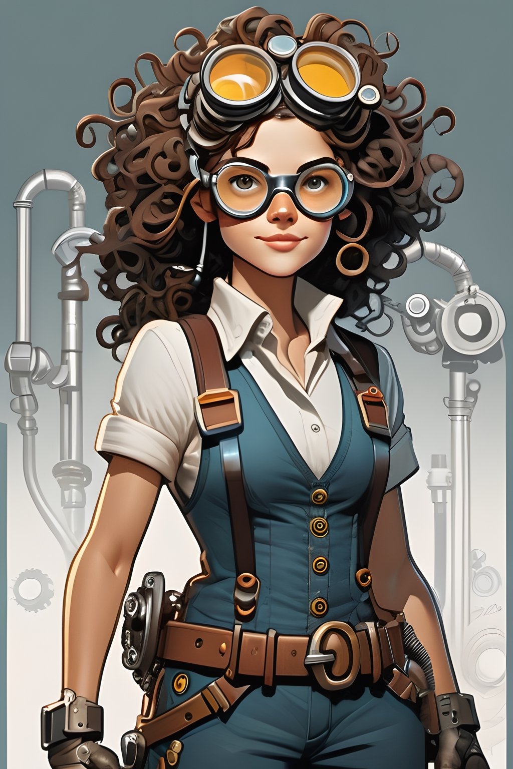 masterpiece, highly detailed character design, comic book style, perfectly centered, steampunk female engineer with goggles pushed up onto a messy mop of curly hair, Highly detailed body, Perfect arms, Tools dangle from belts, a trusty wrench is clutched in one hand, a mischievous grin, maximum details, highly detailed, sharp focus, intricate details