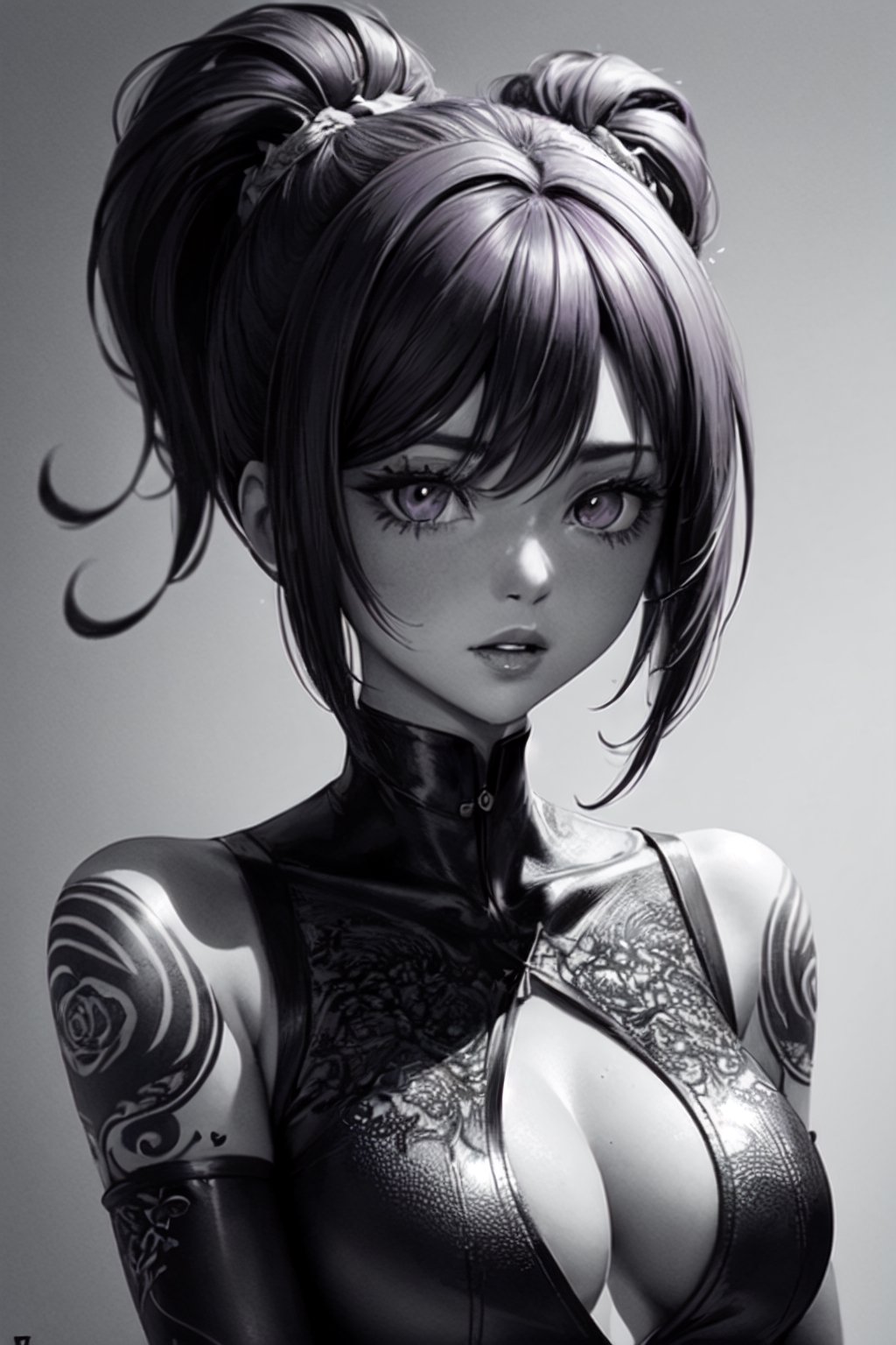 aesthetic,  2 tone,  black and white,  simplified shapes,  style mix of photography and digital art,  color pop theme,  a cute girl,  purple-hair,  violet_eyes,  tattoos,  highly detailed,  ultra detailed,  very intricate,  low poly,  abstract surreal,  Kanji,  Katakana,  artstation,  graffiti style,  comics style,  anime style,b3rli,monochrome,High detailed ,Color magic