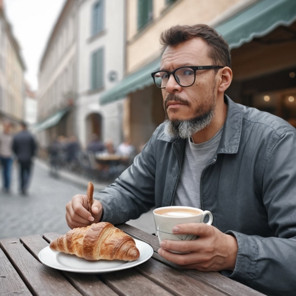 Ultra-realistic and highly detailed portrait of a man sitting at a table in a European-style outdoor café on a cloudy day. He is wearing casual clothes, has short hair, a beard, and glasses. (((On the table, there is a beautiful porcelain cup with steaming hot coffee, a plate with a croissant, and a slice of bread))). People are walking by on the street in the background. The image should be rendered in exquisite detail, with precise textures, lighting, and shading, evoking a sense of realism and intimacy. Style: photorealistic, medium: digital art, subject: everyday life, atmosphere: cozy and serene.,gutto2024abr