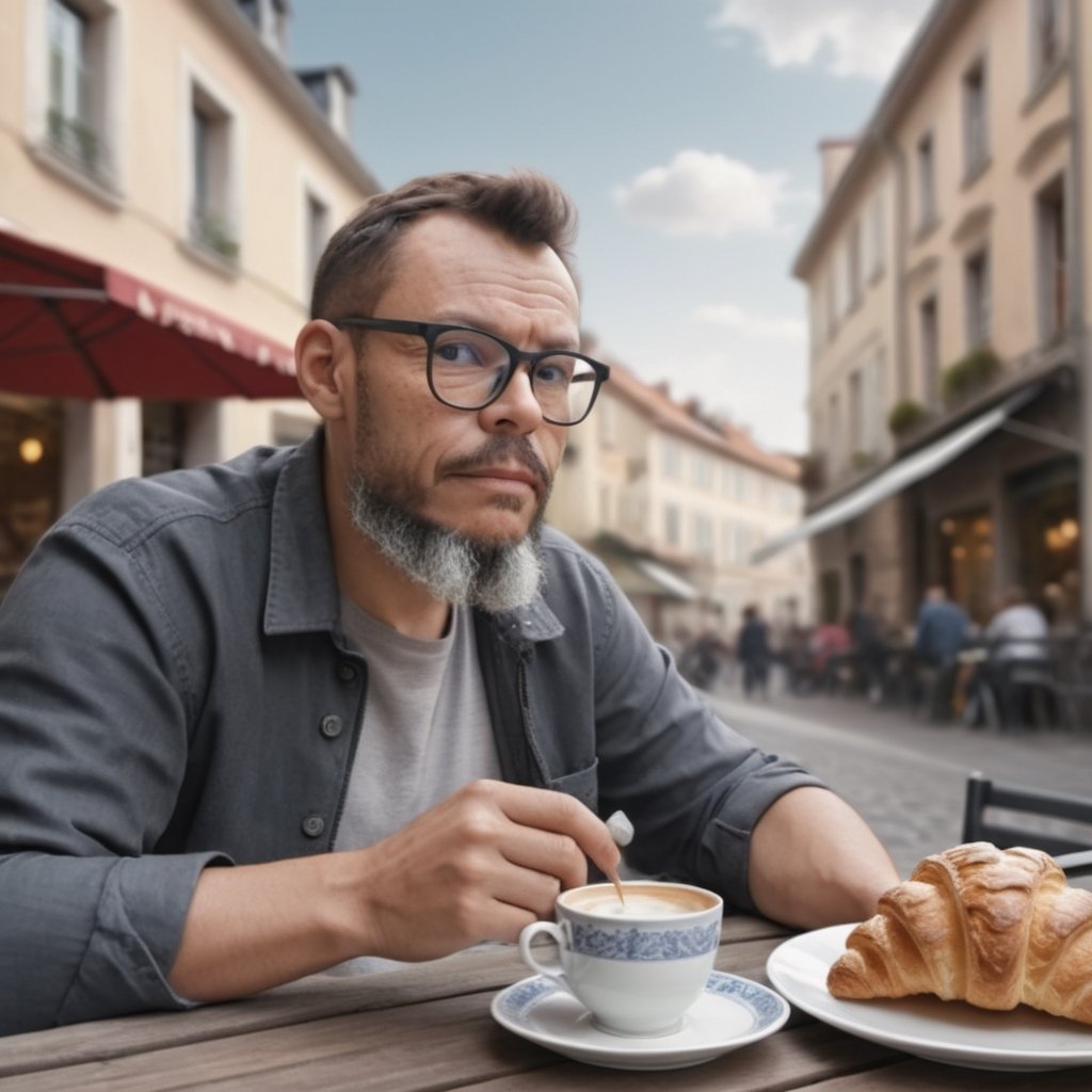 Ultra-realistic and highly detailed portrait of a man sitting at a table in a European-style outdoor café on a cloudy day. He is wearing casual clothes, has short hair, a beard, and glasses. (((On the table, there is a beautiful porcelain cup with steaming hot coffee, a plate with a croissant, and a slice of bread))). People are walking by on the street in the background. The image should be rendered in exquisite detail, with precise textures, lighting, and shading, evoking a sense of realism and intimacy. Style: photorealistic, medium: digital art, subject: everyday life, atmosphere: cozy and serene.,gutto2024abr