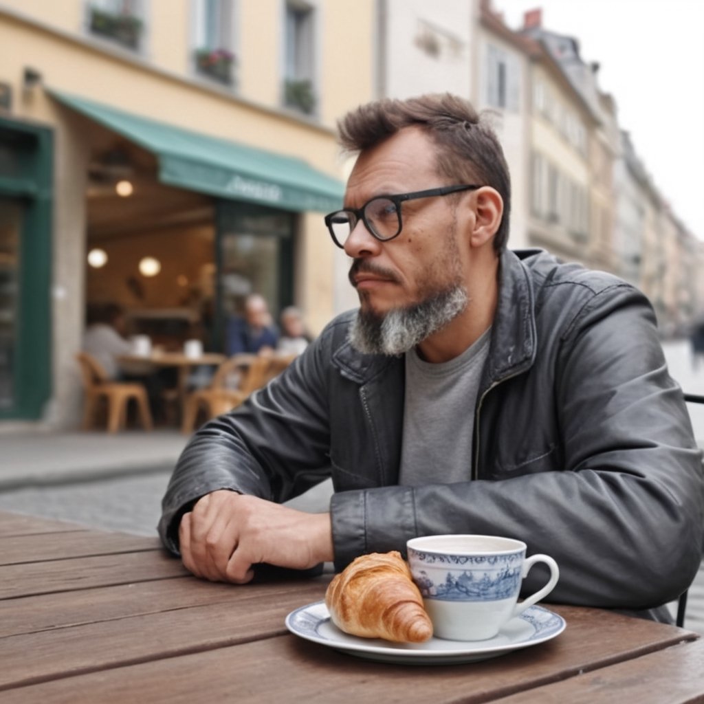 Ultra-realistic and highly detailed portrait of a man sitting at a table in a European-style outdoor café on a cloudy day. He is wearing casual clothes, has short hair, a beard, and glasses. (((On the table, there is a beautiful porcelain cup with steaming hot coffee, a plate with a croissant, and a slice of bread))). People are walking by on the street in the background. The image should be rendered in exquisite detail, with precise textures, lighting, and shading, evoking a sense of realism and intimacy. Style: photorealistic, medium: digital art, subject: everyday life, atmosphere: cozy and serene.,gutto2024abr