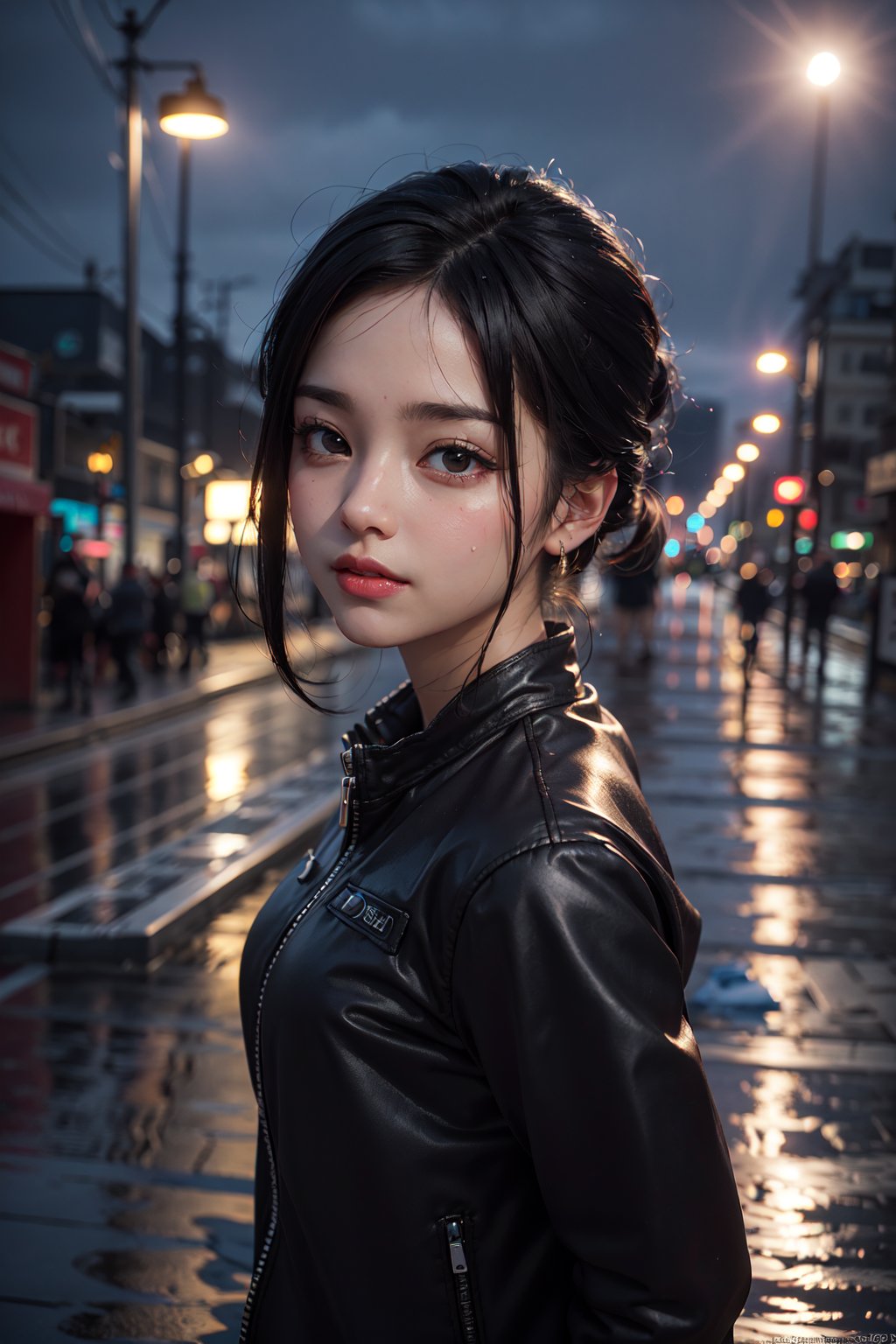 (8k, RAW photo, best quality, masterpiece:1.2), (realistic, photo-realistic:1.37), omertosa, 1girl, (Kpop idol), (aegyo sal:1), cute, cityscape, night, rain, wet, professional lighting, photon mapping, radiosity, physically-based rendering