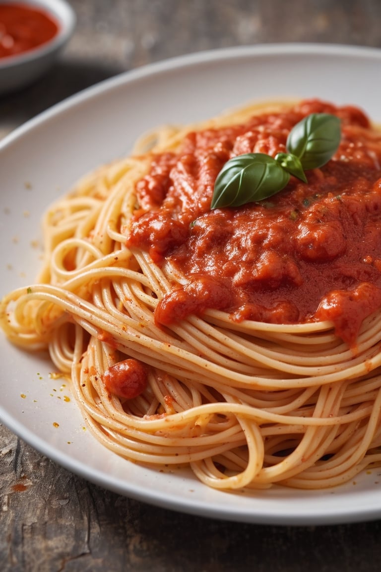 Extreme close-up, a plate of spaghetti with marinara sauce,, photorealistic, in the style of high quality food photography