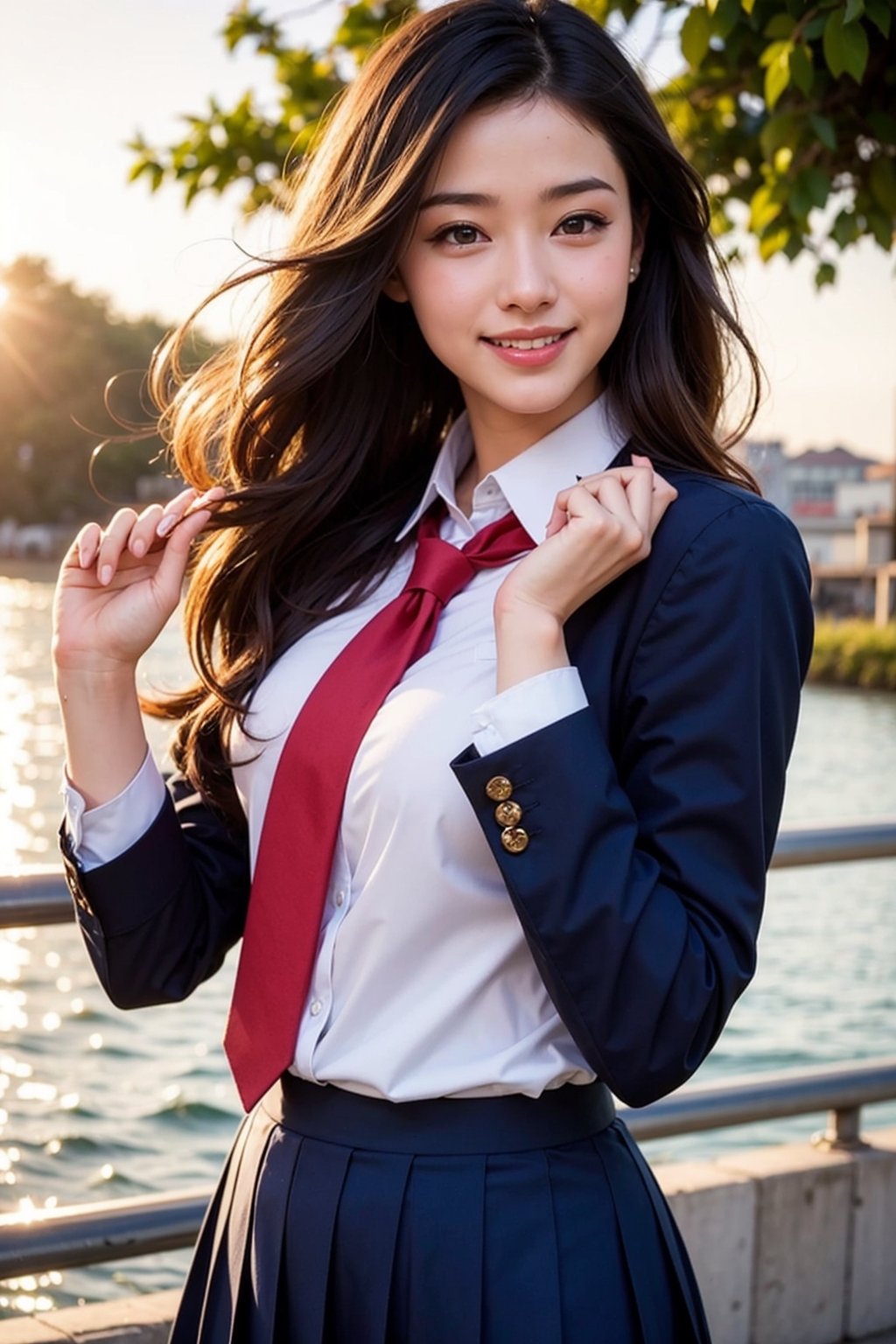 1woman, school uniform, posing, happy, sea, sunlight, cute, sexy, young, very long hair, best quality, ultra high res, (photo realistic:1.4), 