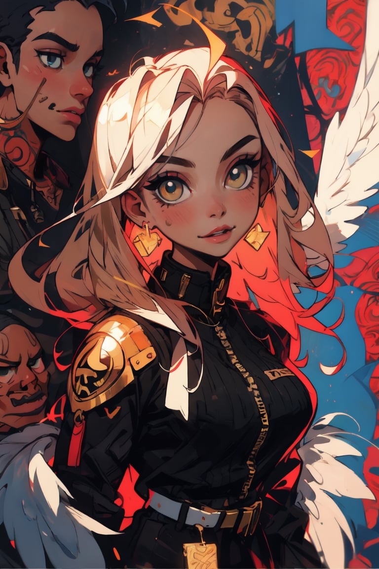 (masterpiece:1.1), (highest quality:1.1), (HDR:1.0), hiphop angel by sachin teng x supreme, perfect boobs, attractive, stylish, white angel wings on back, glowing golden halo, gold jewlery:1.5, designer, black, asymmetrical, geometric shapes, graffiti, street art,breasts,ruanyi0220,SAM YANG,Female,hmnc1,BJ_Violent_graffiti,midjourney, sneakers:1.0,High detailed ,portrait,(best quality,Yandere,oni face shield:1.0,bofKatt