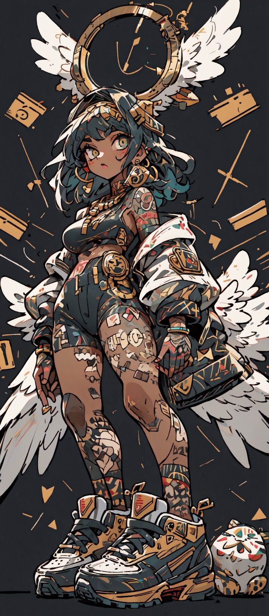 (masterpiece:1.1), (highest quality:1.1), (HDR:1.0), hiphop angel by sachin teng x supreme, perfect boobs, attractive, stylish, white angel wings on back, glowing golden halo, gold jewlery:1.5, designer, black, asymmetrical, geometric shapes, graffiti, street art,breasts,ruanyi0220,SAM YANG,Female,hmnc1,BJ_Violent_graffiti,midjourney, sneakers:1.0,High detailed ,portrait, best quality