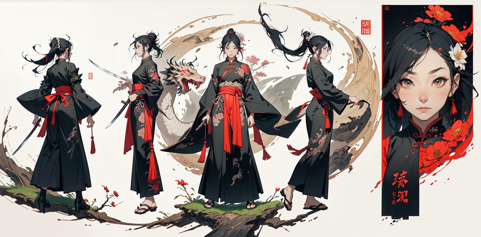 Three views, generated three views, simple background, white background, full body, armor, shoulder pads, chest pads, knee pads,1 Chinese girl martial arts master, flying, flowers, Chinese calligraphy, ink, landscape painting, Chinese dragon background, detailed dragon design dress, long decorative ponytail black hair, wielding a long katana, training ground location, sunny day, masterpiece mass, weapon,