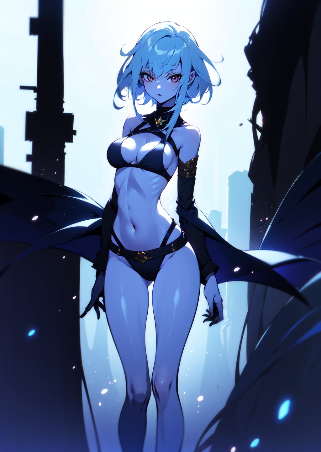 masterpiece,best quality,fantasy,1girl,solo,bikini white,((blue hair)),colorful,short hair,medium boobs,standing,open legs, backwards