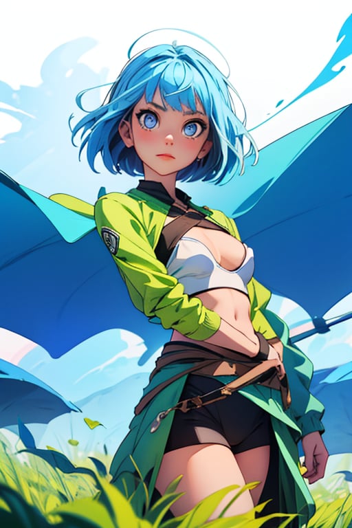 masterpiece,best quality,fantasy,1 slim girl,((blue hair)),colorful,short hair,little boobs,standing, blue eyes, small waist