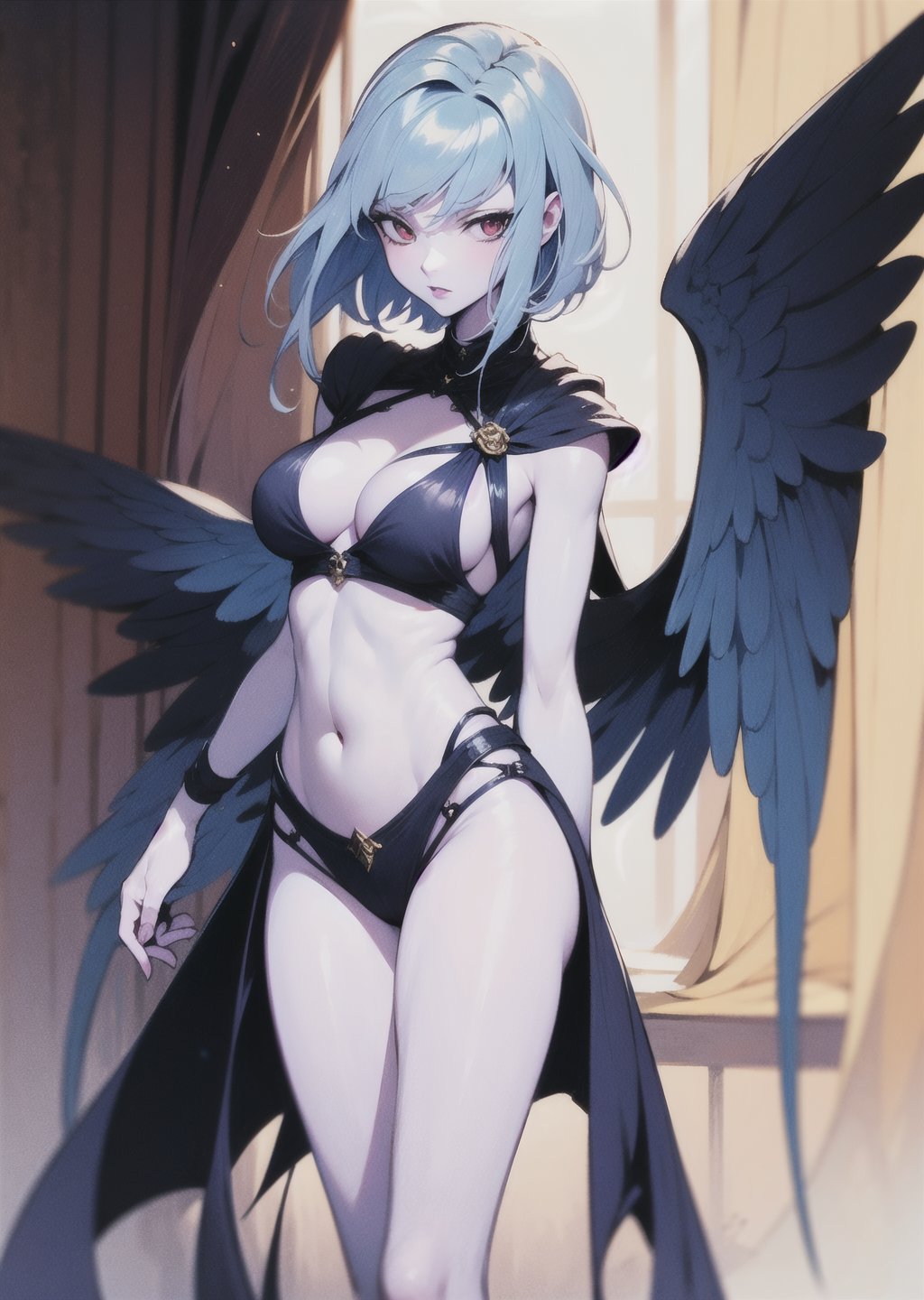 masterpiece,best quality,fantasy,1girl,solo,bikini white,((blue hair)),colorful,short hair,medium boobs,standing,open legs, wings