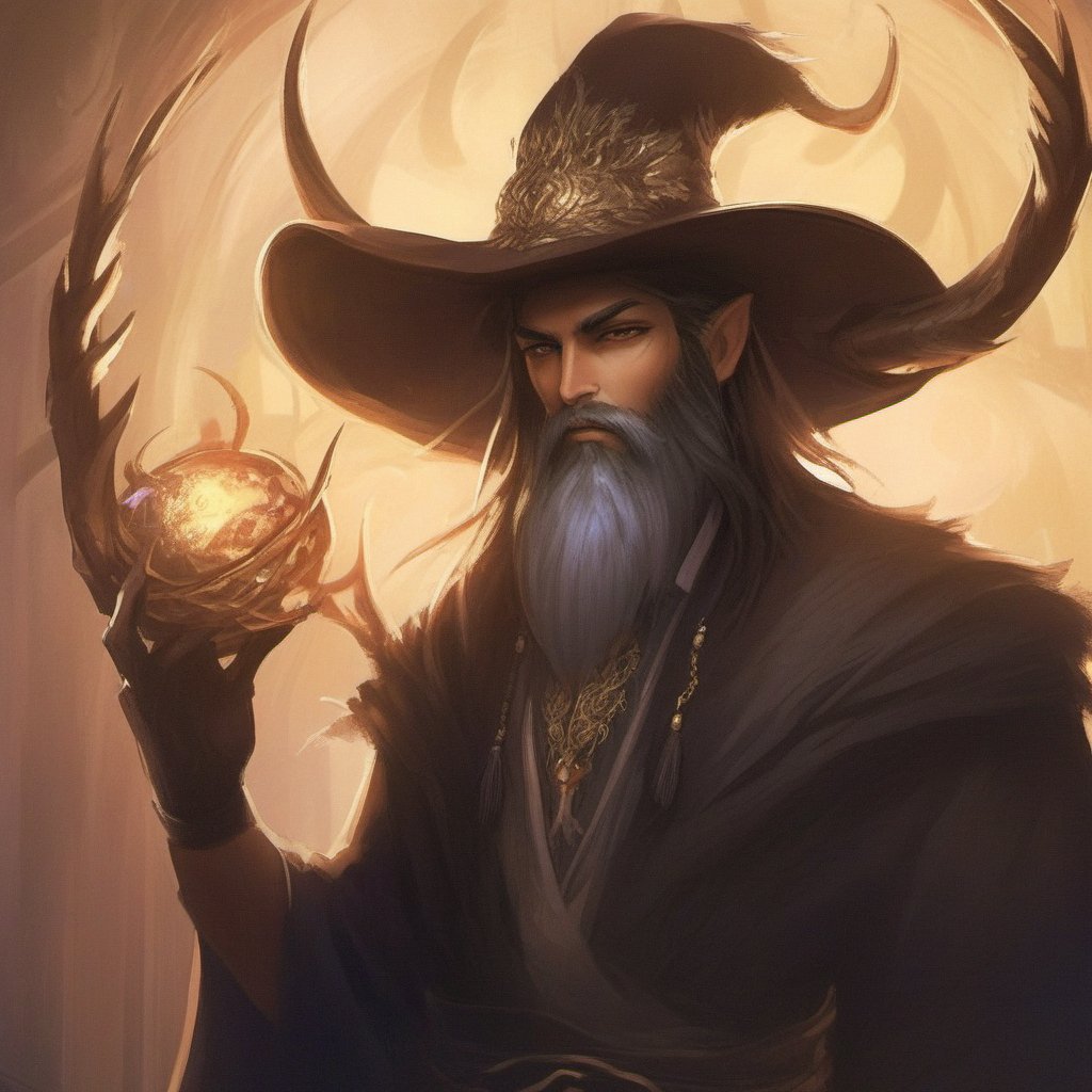 1man, beard, facial_hair, hat, holding_staff, horns, long_hair, male_focus, staff, Magical creature, Magical Fantasy World style, 