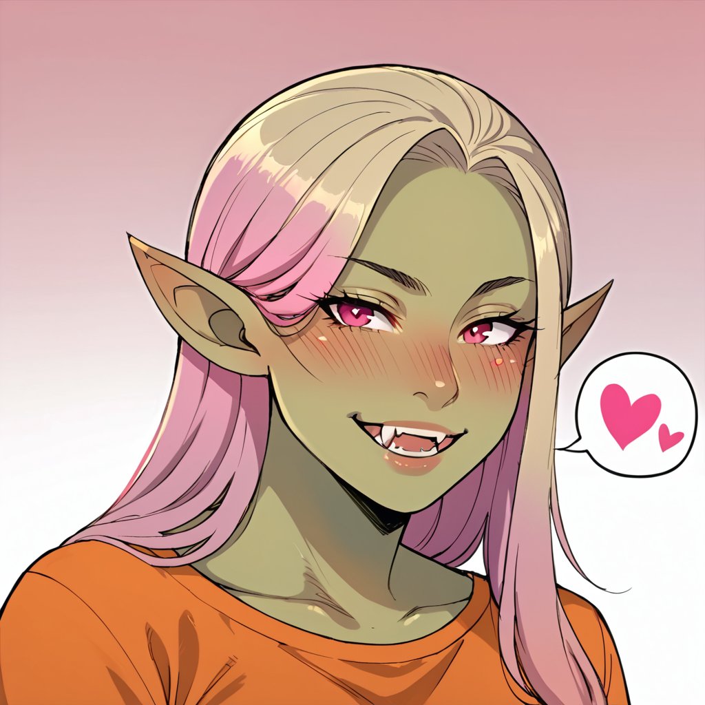 1woman, solo, long hair, blush, smile, simple background, gradient background, gradient hair, pink hair, multicolored hair, blond hair, heart, pointy ears, colored skin, fangs, spoken heart, green skin, orc