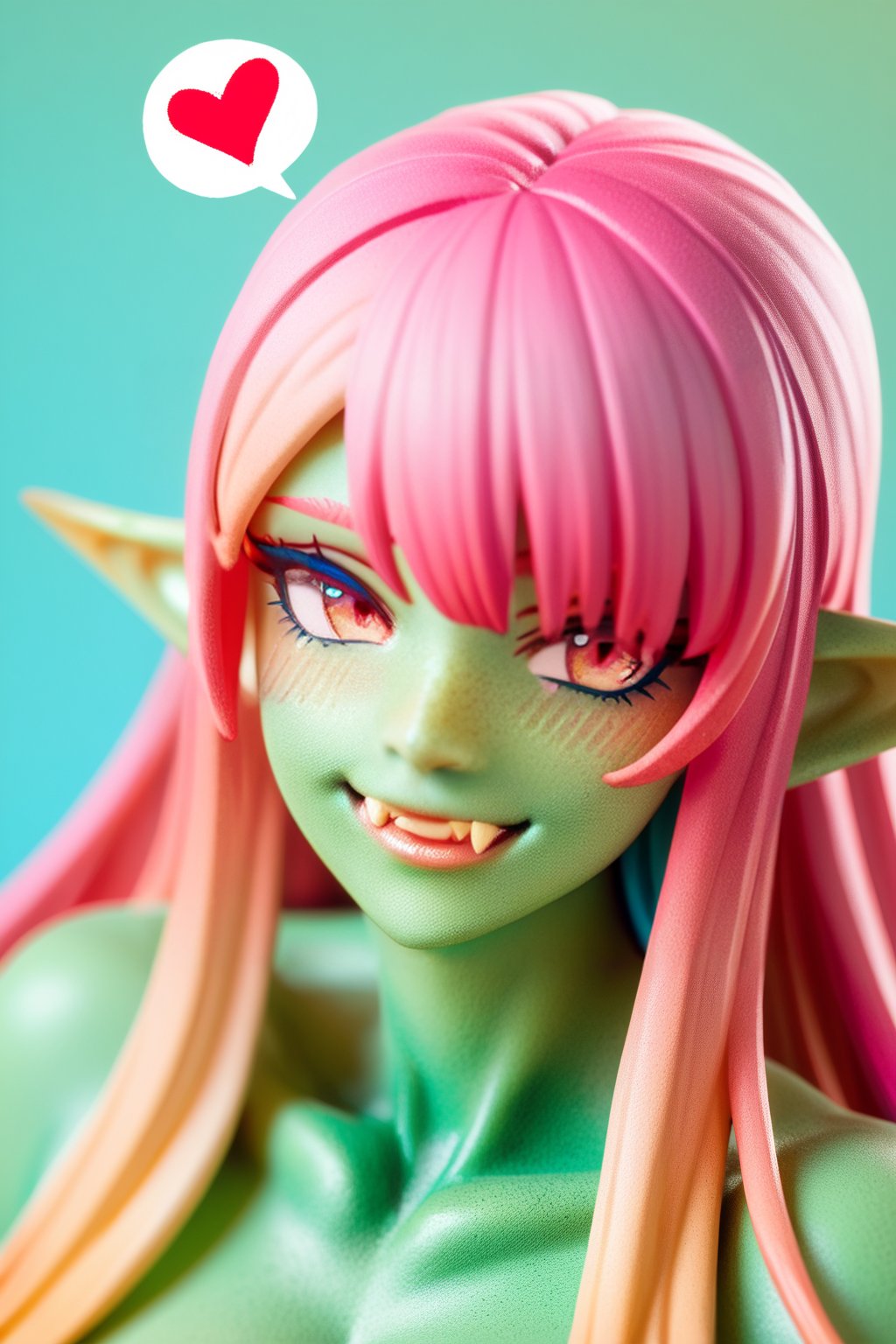 score_9, score_8_up, score_7_up, score_6_up, 1woman, solo, long hair, blush, smile, simple background, gradient background, gradient hair, pink hair, multicolored hair, blond hair, heart, pointy ears, colored skin, fangs, spoken heart, green skin, orc