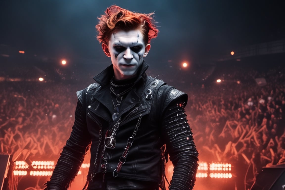 ((((Tom Holland with Crimson wavy hair and dark red corpsepaint makeup )))), (((wearing a punk outfit and a spike choker inspired by Dimmu borgir))), ((((finely detailed beautiful orange eyes and detailed face)))), (((At a mosh pit on a heavy metal concert))), (((full body plan))), extremely detailed CG unity 8k wallpaper