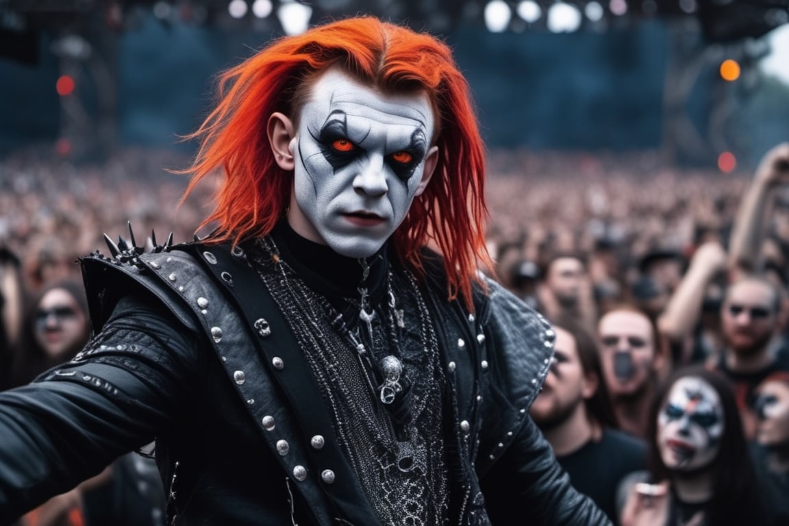 ((((Tom Holland with coral bangs hair with Crimson wavy hair and corpsepaint makeup )))), (((wearing a punk outfit and a spike choker inspired by Dimmu borgir))), ((((finely detailed beautiful orange eyes and detailed face)))), (((At a mosh pit on a metal concert))), (((full body plan))), extremely detailed CG unity 8k wallpaper