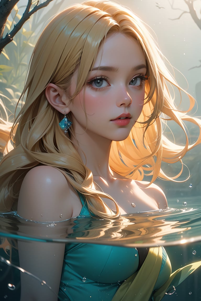 A digital artwork of an ethereal woman submerged in water. The woman has long, flowing blonde hair illuminated by a soft, golden light. She has a calm and serene expression, with water droplets floating around her. The background is an underwater setting with shades of blue and green, creating a mystical and tranquil atmosphere. The lighting highlights her face and hair, giving a sense of luminosity. The style is highly detailed and realistic with a slight fantastical touch.