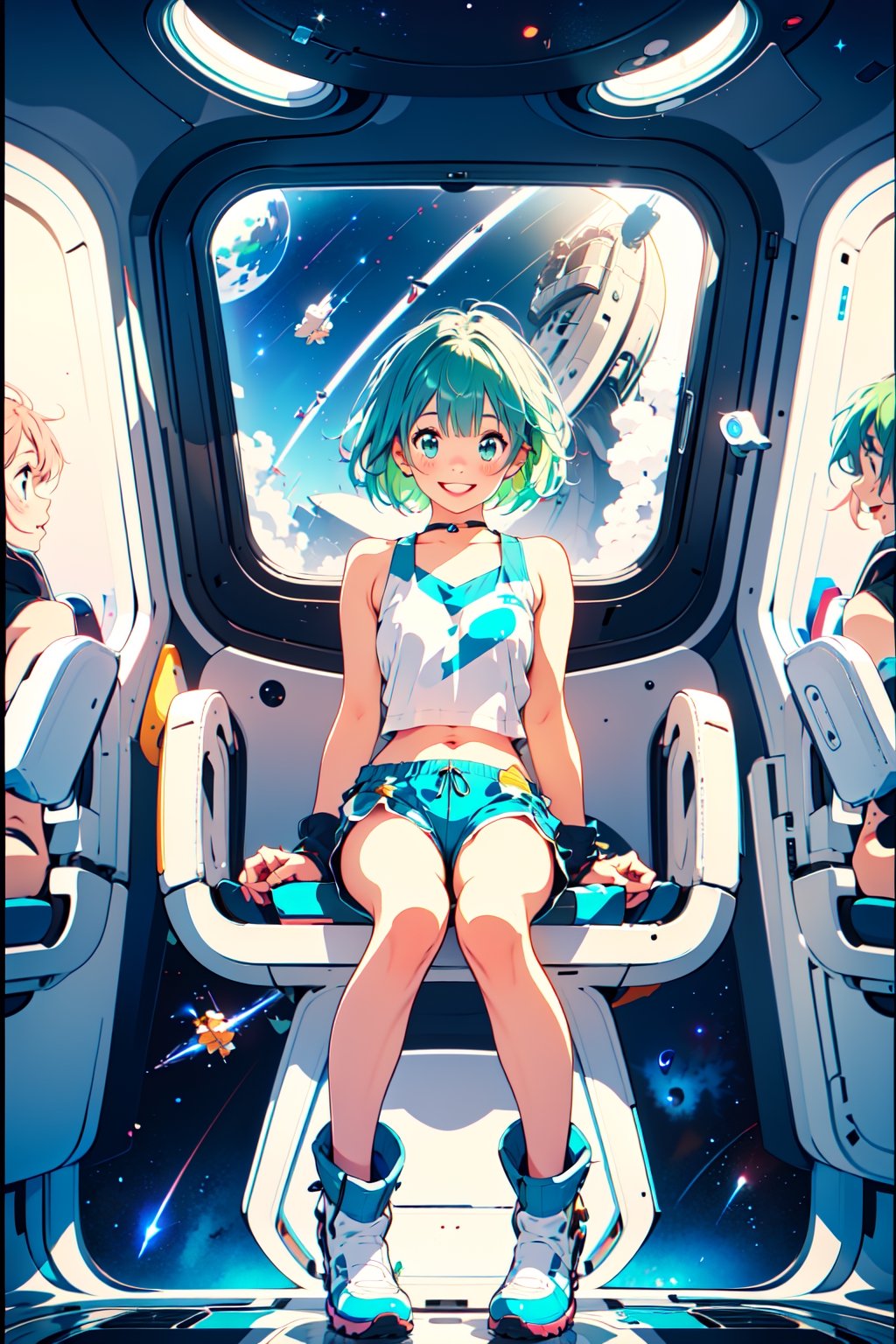 Pretty young female inside of spaceship seated in pilot seat with just a crop tank top, baby blue and type fitting boxer shorts with moon boots on. Smiling, laughing playing with hair, which is Bob cut and green and color. You can see through the spaceship window a galaxy and other spaceships floating in space. 