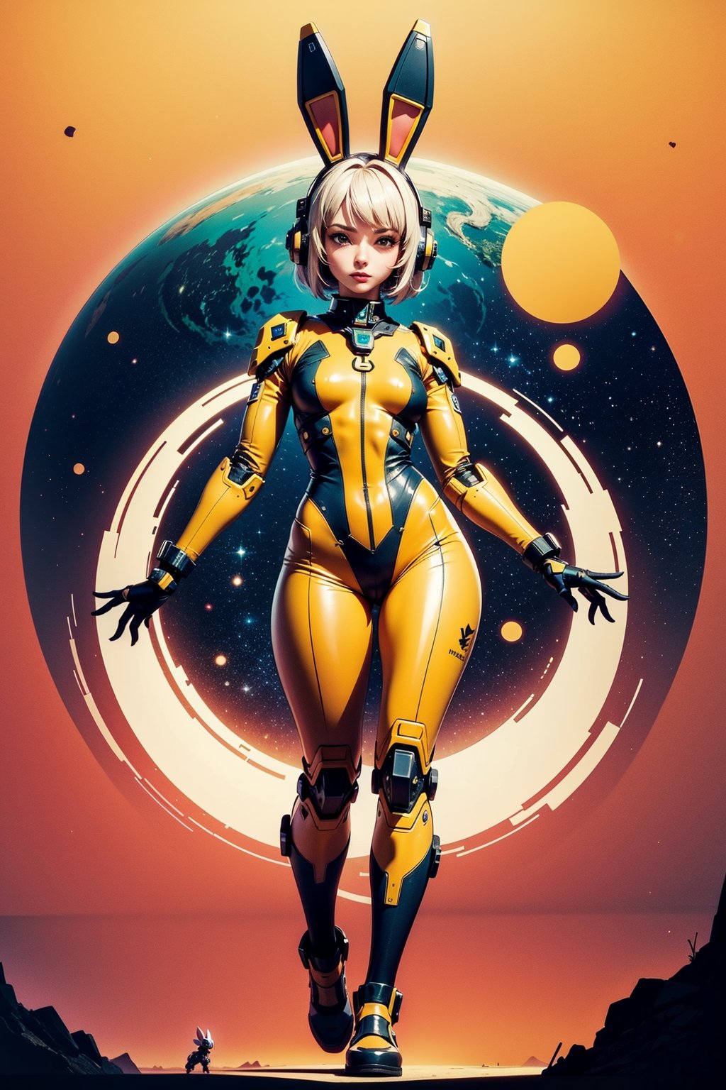 female bunny from the first descendant,Sky full of space ships, featuring a volume short hair and bangs, and dressed in a skin tight sci-fi battlesuit that is both functional and fashionable.
, liquid shapes + vibrant color palette, biomorphic, minimalism, surrealism, dither + artstation