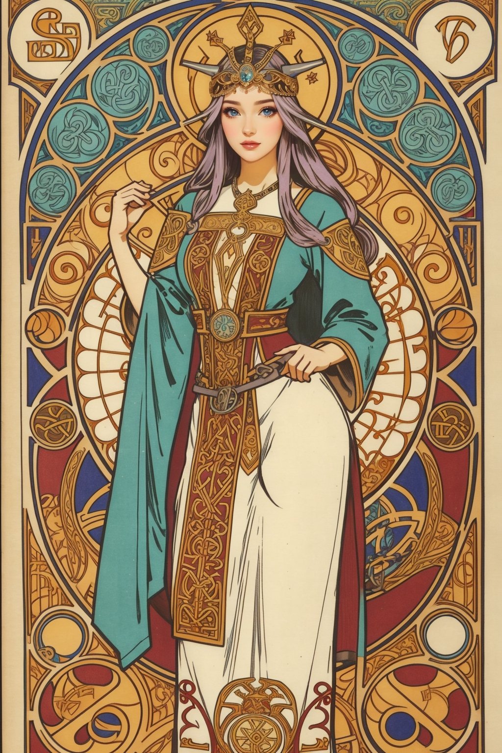 Viking Princess, old school, Art Nouveau pattern, the style of Artist Mucha, style of Beautiful hair, Viking head dress and clothes, head to toe princess.